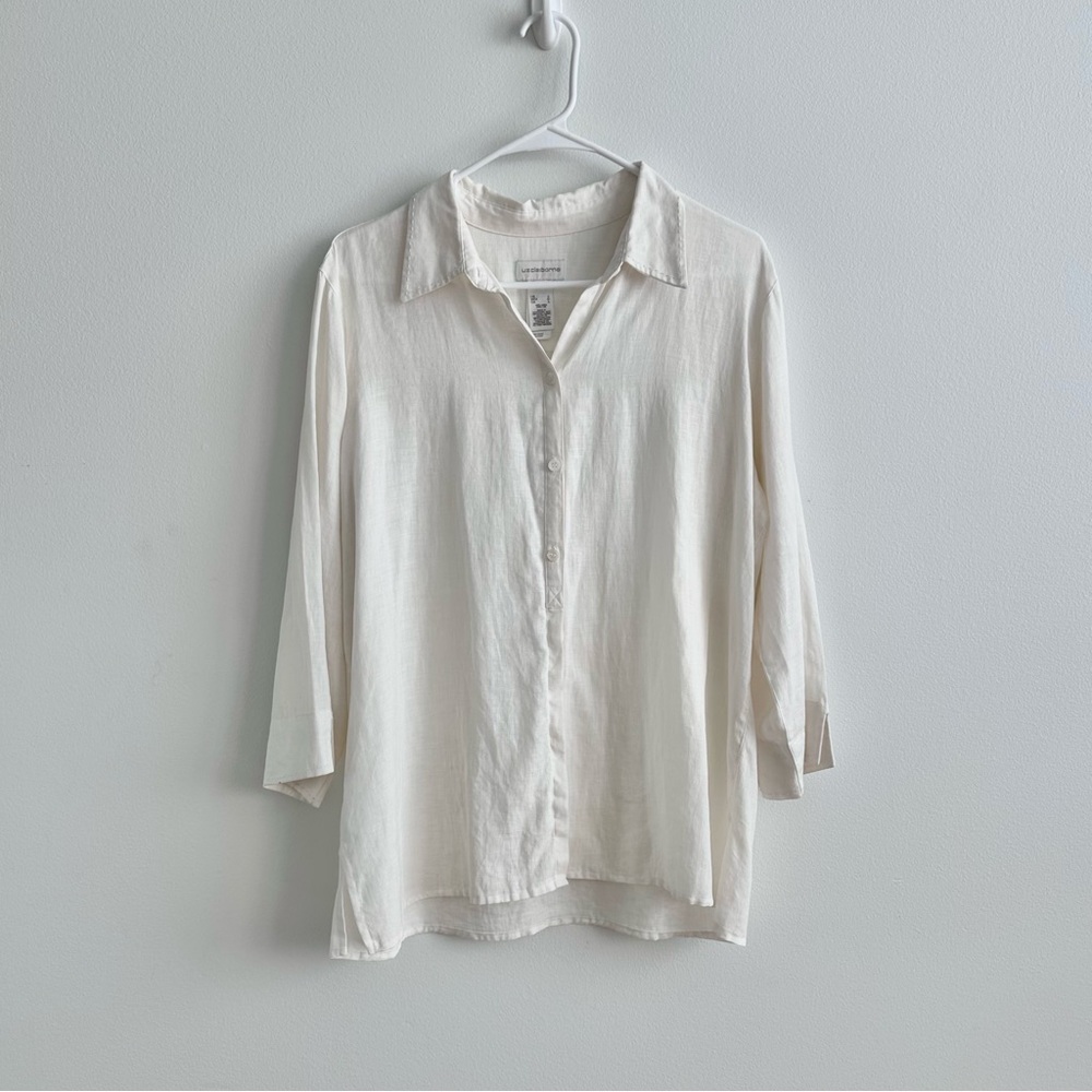 Vintage Liz Claiborne White Linen Button Down 3/4 Sleeve Shirt Size L